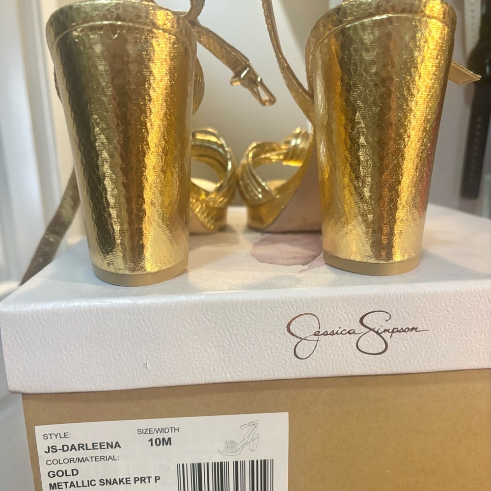 Jessica Simpson Metallic Gold Knot-Front Heeled Sandals - Picture 3 of 9